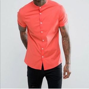 Asos Skinny Shirt With Granddad Collar In Coral